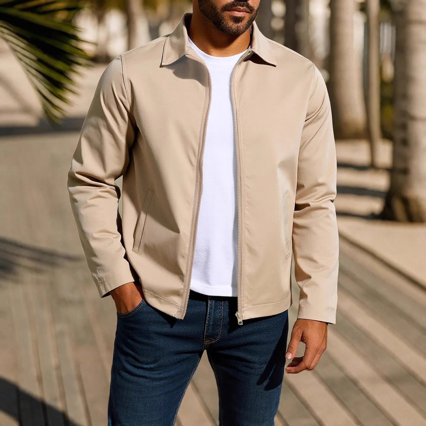 Men's zip-up cardigan jacket with raglan sleeves in polyester blend fabric