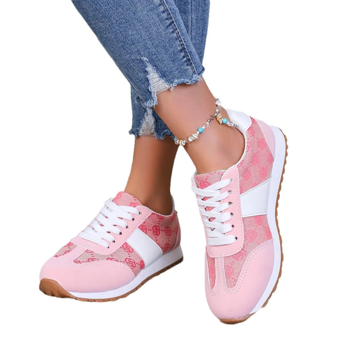 Women's casual lace-up shoes in khaki colour with cross-strap detail and round toe, flat heel profile