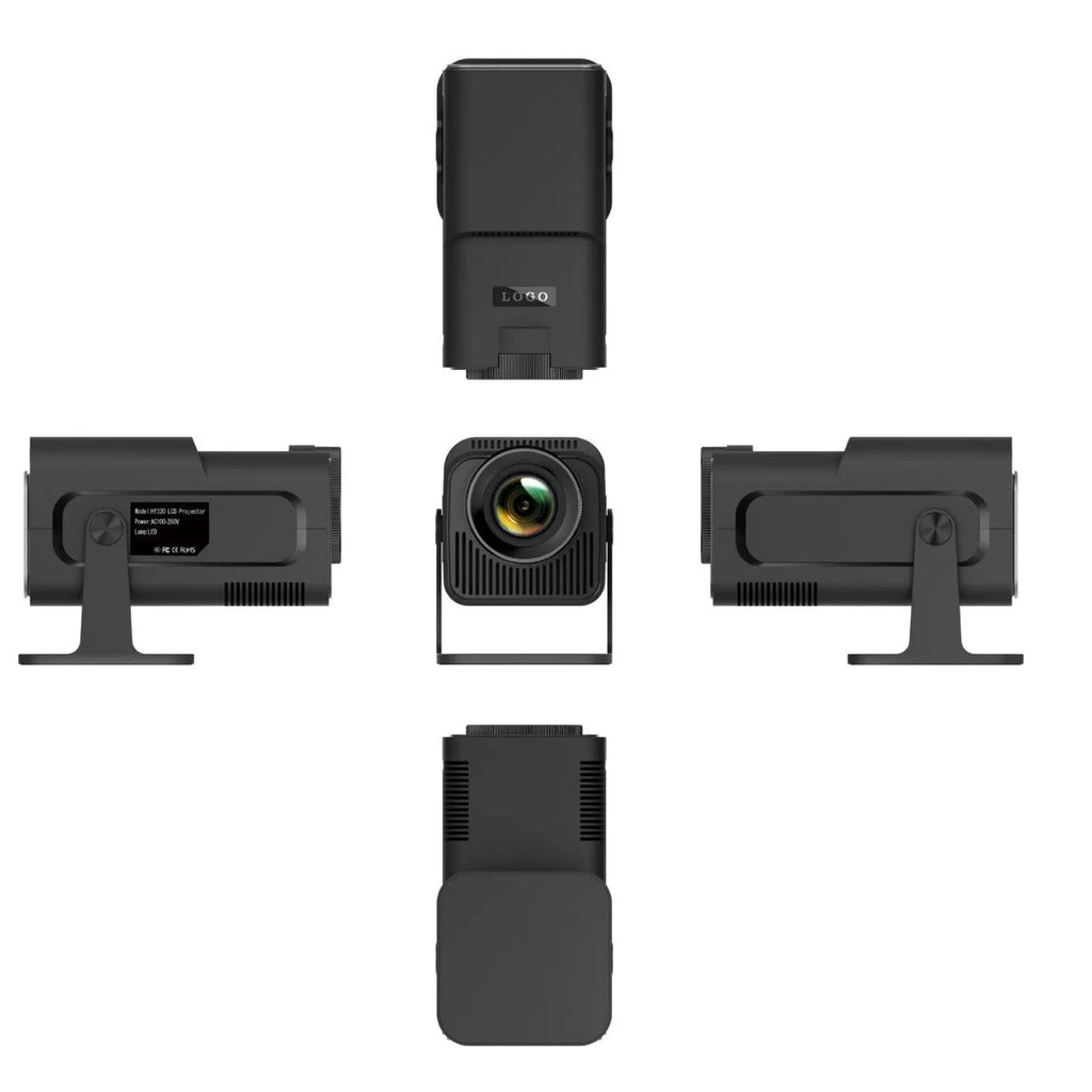 HY320 Android smart projector with 1080p resolution, 390 ANSI lumens, and rotatable PTZ bracket