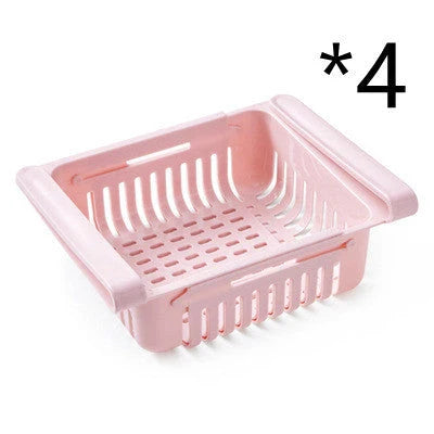 Stretchable refrigerator storage basket in white, blue, pink, and apricot colours