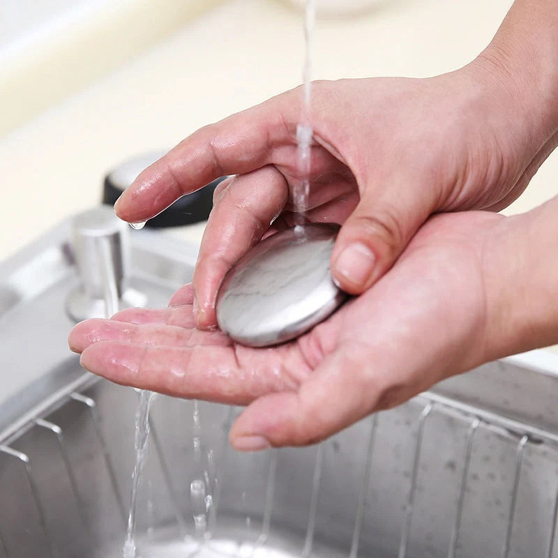 Oval stainless steel soap for removing kitchen odors from hands