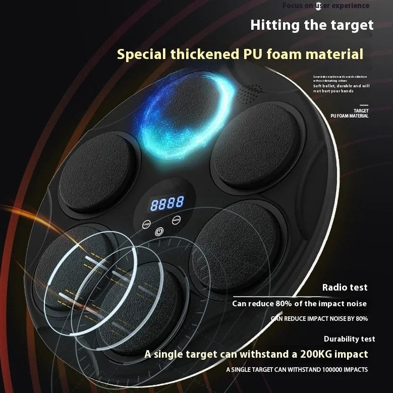 Smart Bluetooth boxing target with coloured LED lights on black PU surface, wall-mounted fitness training equipment