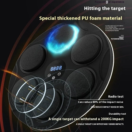 Smart Bluetooth boxing target with coloured LED lights on black PU surface, wall-mounted fitness training equipment