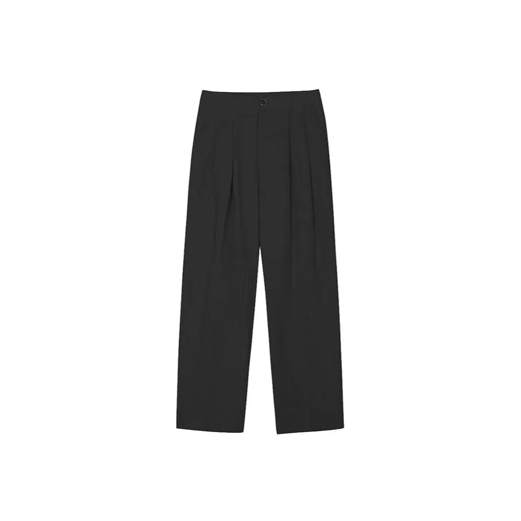 Men's apricot coloured wide-leg cotton linen suit trousers with a loose fit and pencil pants leg opening.