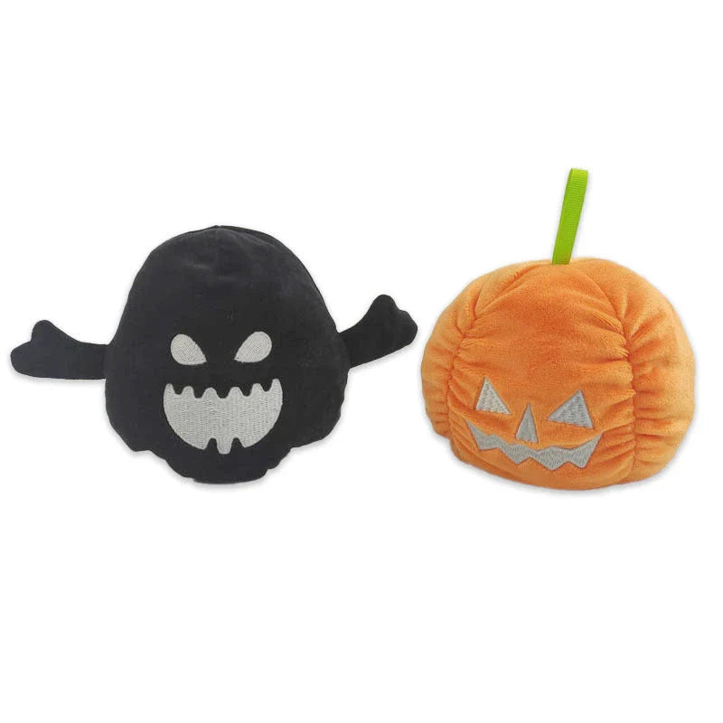 Reversible Halloween plush toy that can flip between a friendly ghost and playful pumpkin design