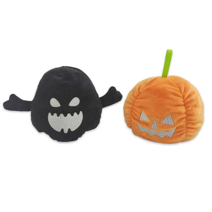 Reversible Halloween plush toy that can flip between a friendly ghost and playful pumpkin design