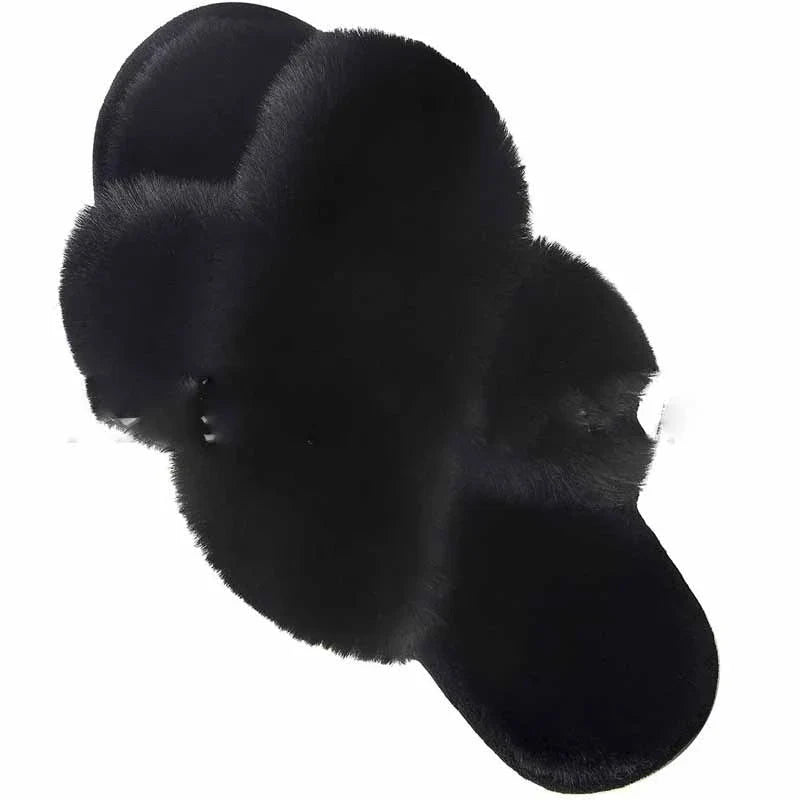 Cozy faux fur cross slippers for women in various colors, featuring a stylish design and plush, comfortable material