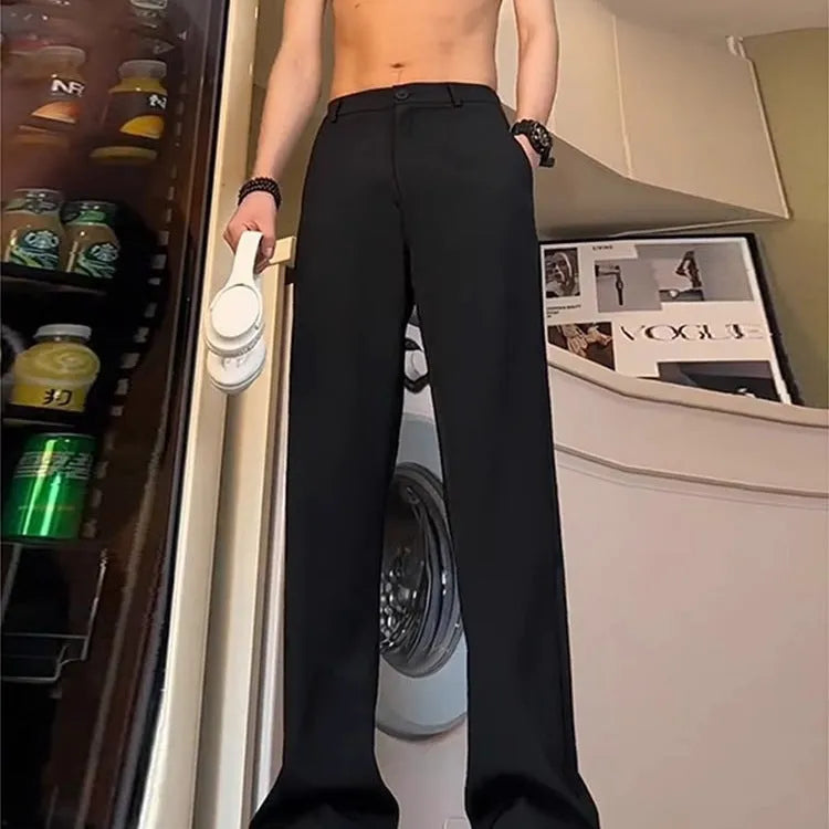 Men's black anti-wrinkle high-waist straight leg suit trousers with polyester fabric