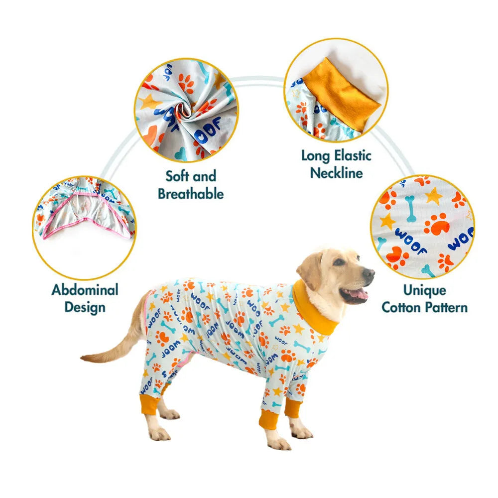 Cotton dog jumpsuit with four-legged design and long sleeves in cute print pattern