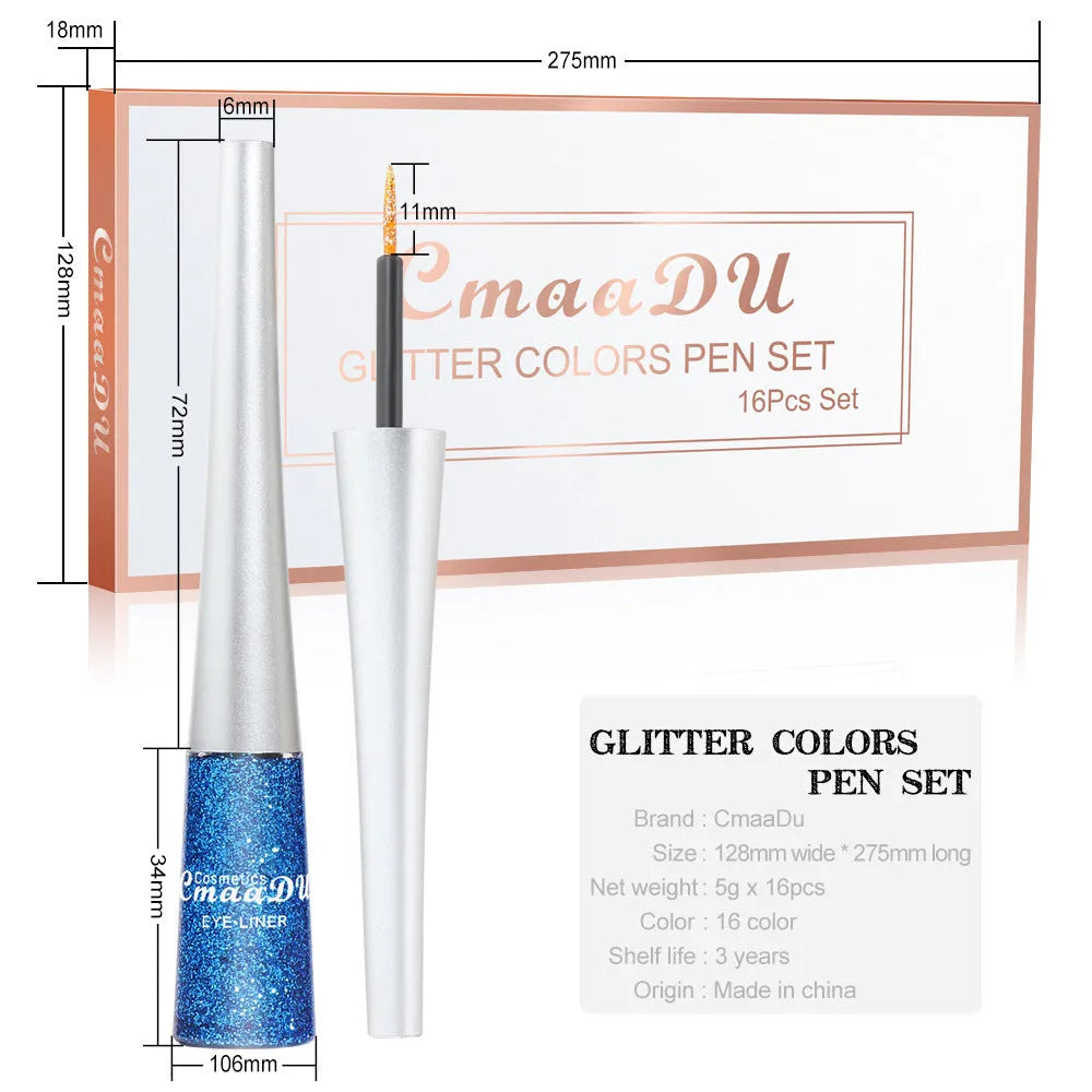 16 colour glitter liquid eyeliner set in a kit with 5g tubes in assorted shimmer shades