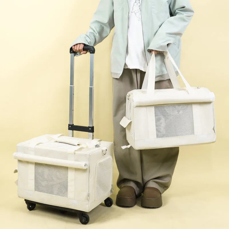 Pet trolley double-deck bus cat bag in solid colour with wheels and nylon body