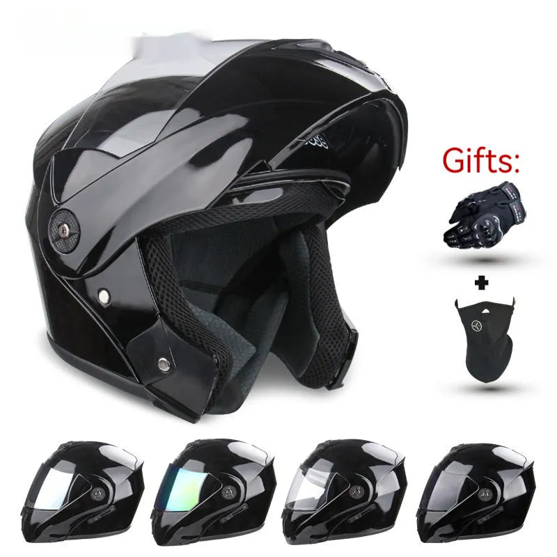 Electric motorcycle helmet with exposed double lens on an ABS plastic shell in a choice of colours.