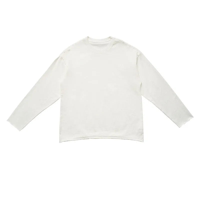 Men's cotton round neck long sleeve T-shirt in apricot, loose fit, solid colour, front view