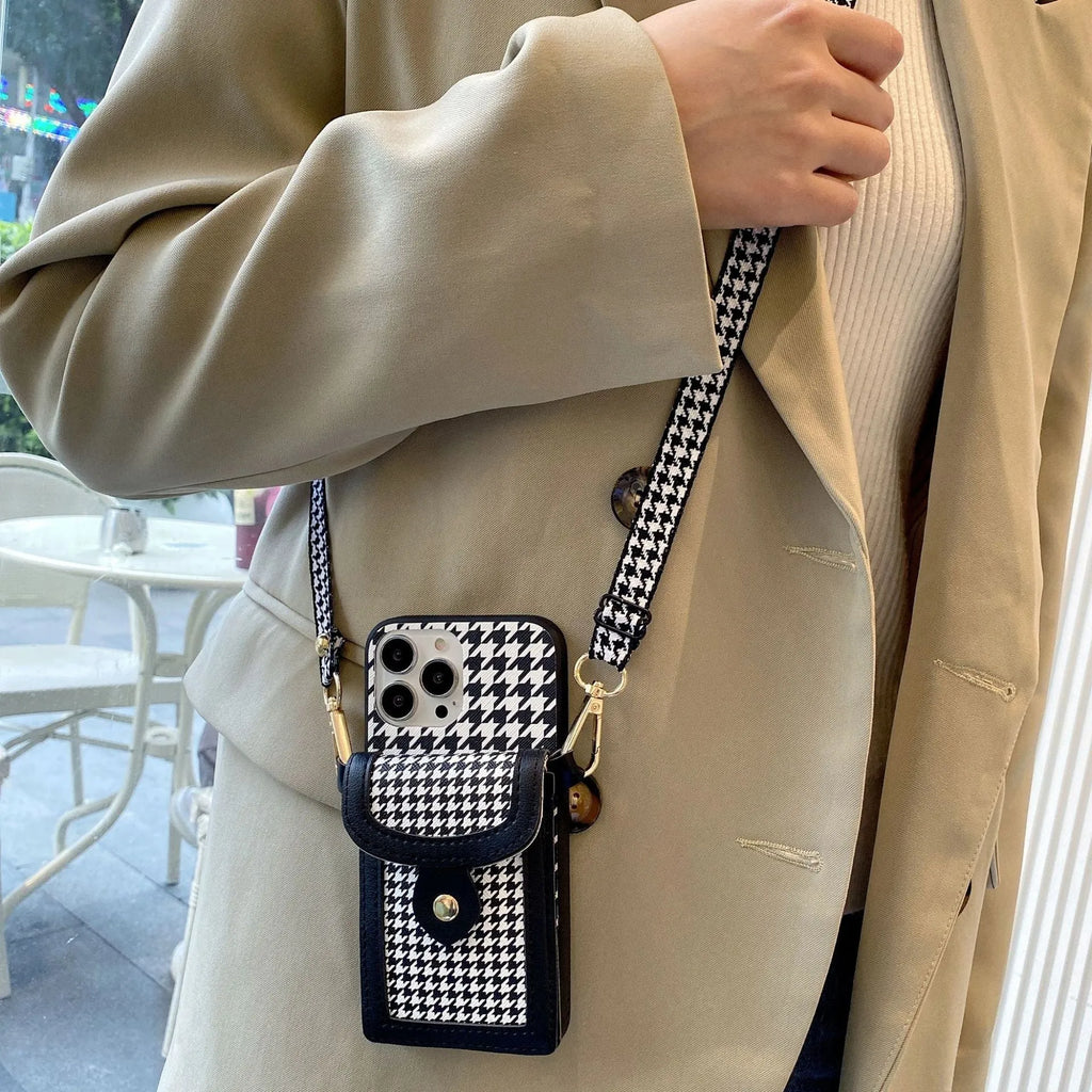 Houndstooth leather-look card case lanyard phone cover for iPhone with TPU+PC back shell