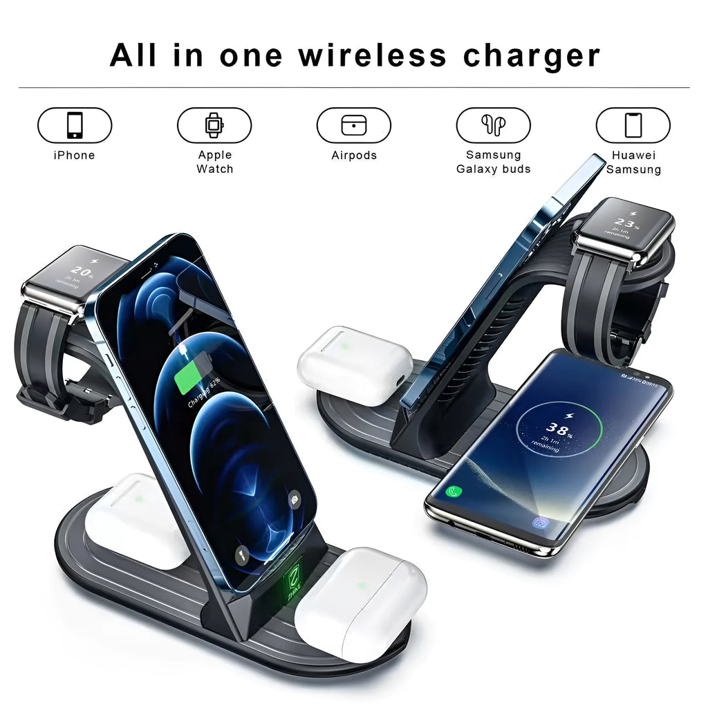 Black four-in-one wireless charger station for iPhone iWatch headset with 20W fast charging and USB cable adapter