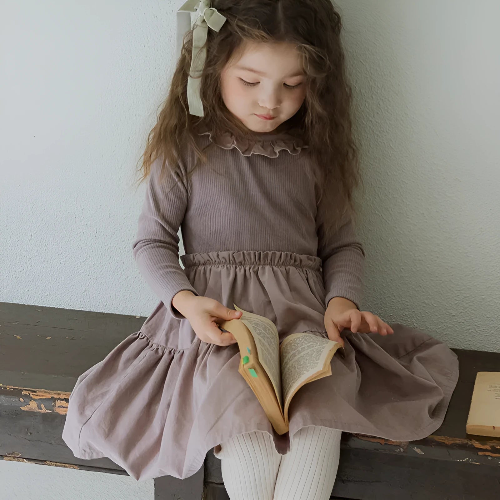 Girl's solid colour cotton princess dress with lace layering stitching, long sleeves, lotus root starch colour