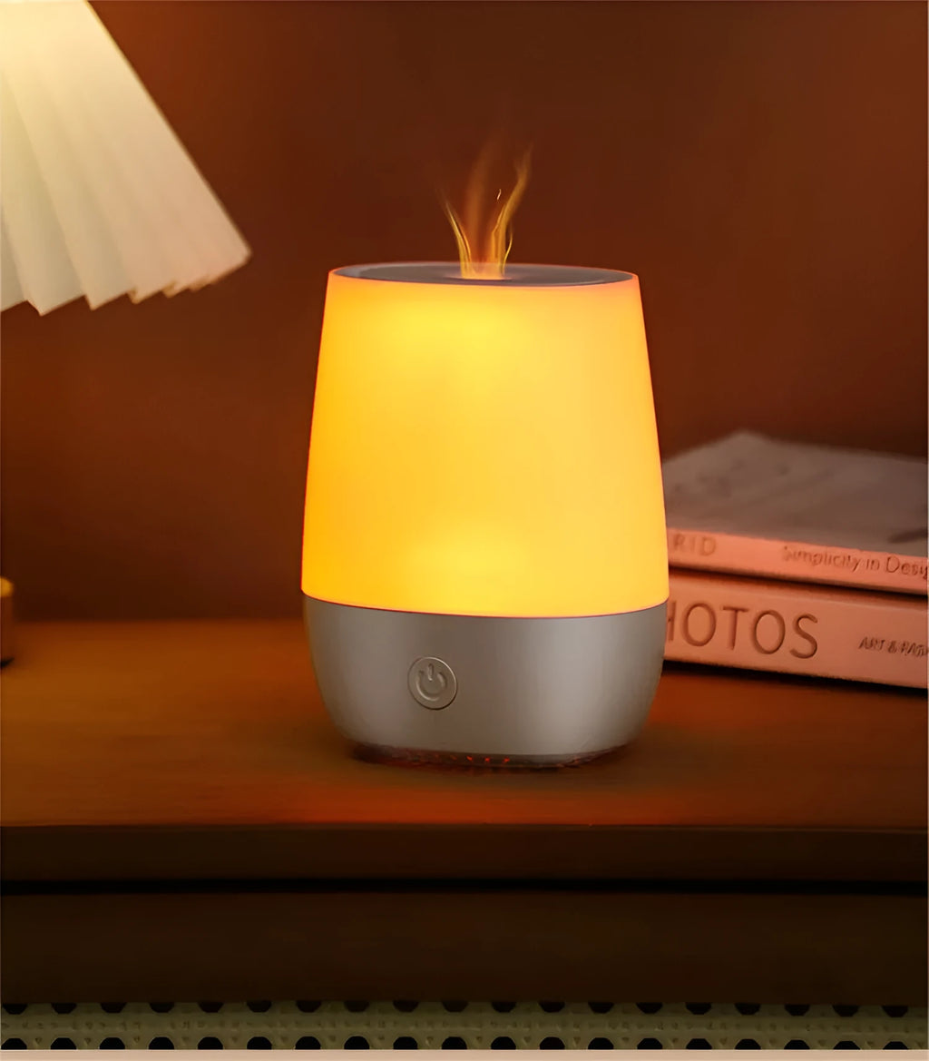 White USB flame effect humidifier aromatherapy diffuser with Type-C cable on desktop