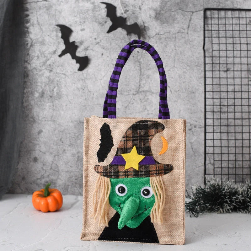 Halloween candy tote bag for kids featuring fun witch, skull, pumpkin, and black cat designs