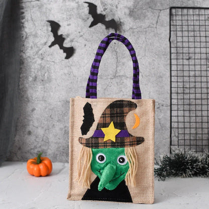 Halloween candy tote bag for kids featuring fun witch, skull, pumpkin, and black cat designs
