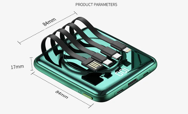 Compact 20000mAh portable power bank with LCD display, shown in black, green, and red colour options.