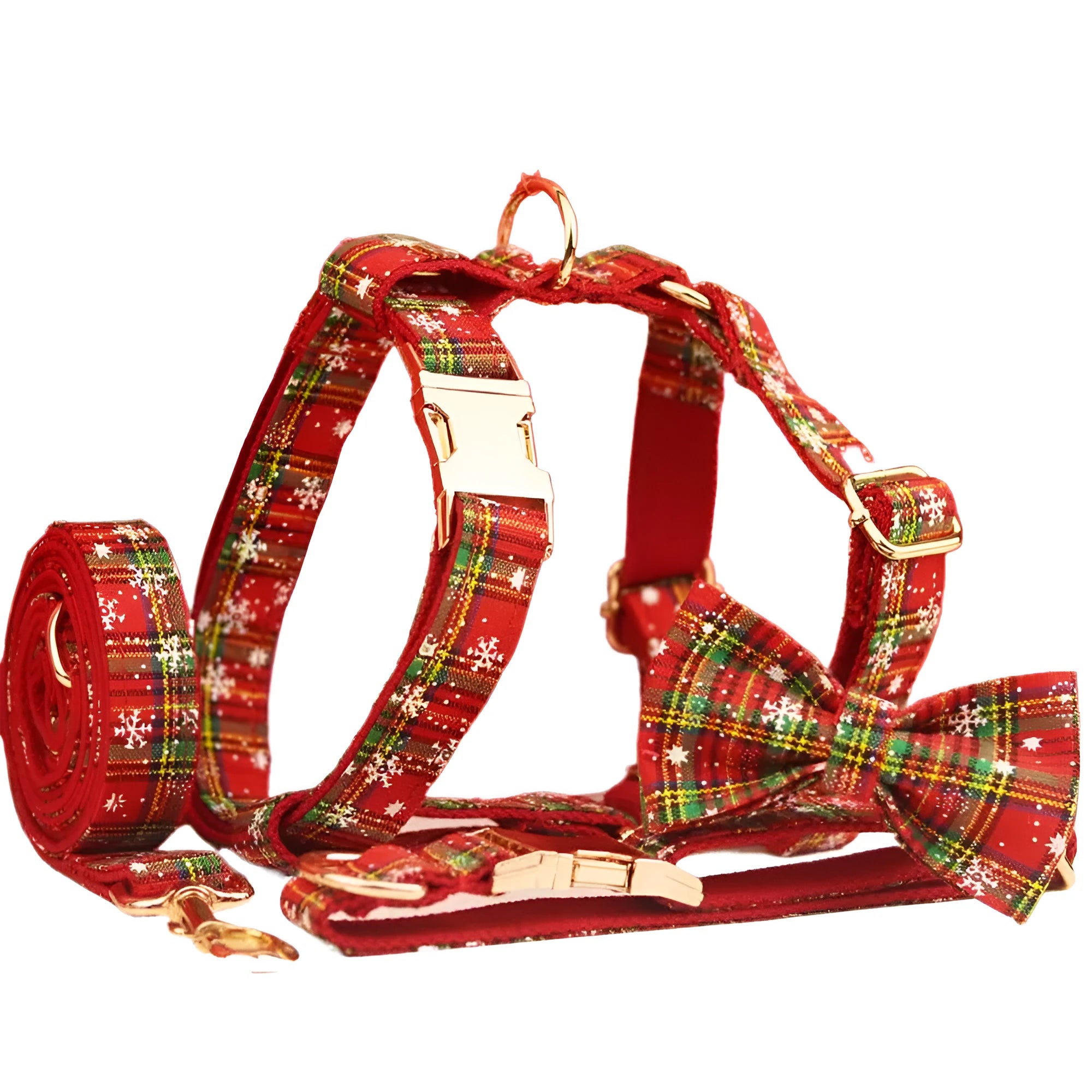 Red snowflake Christmas dog collar set with plaid leash and matching vest