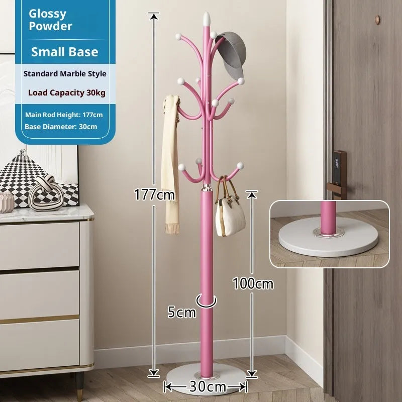 Floor-standing metal coat rack in black, vertical design for bedroom use, simple iron frame