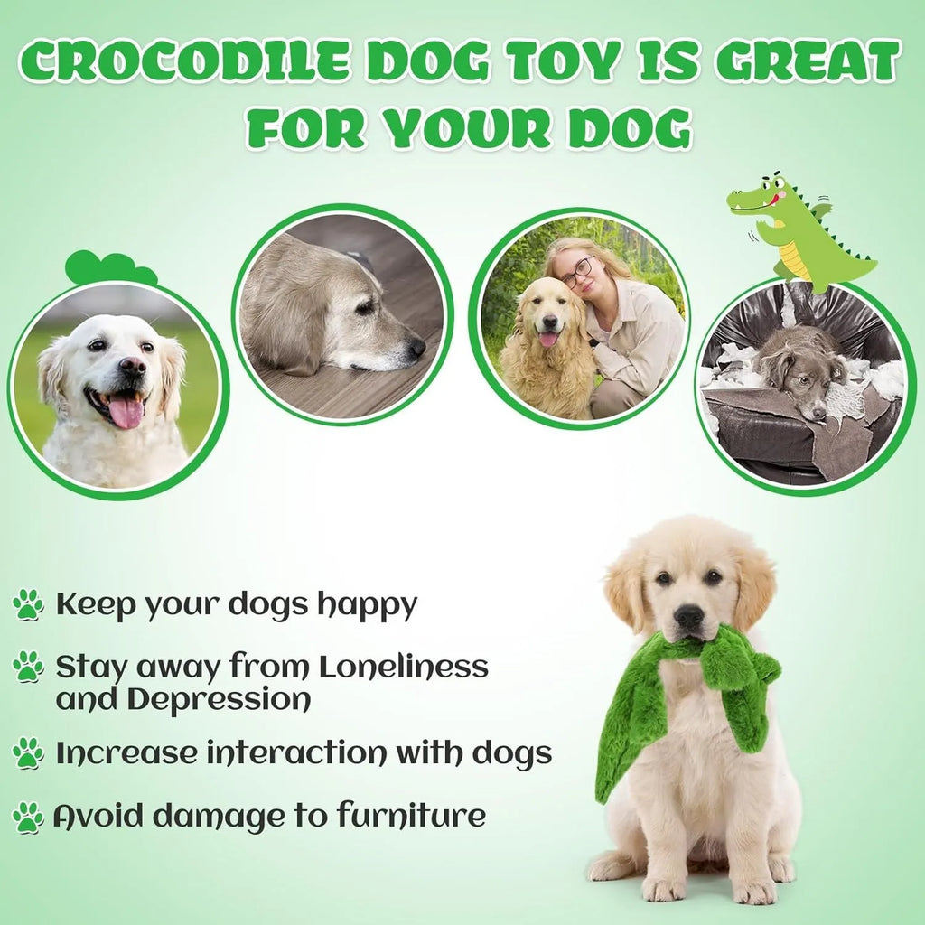 Green crocodile squeaky dog toy for aggressive chewers with no-stuffing design