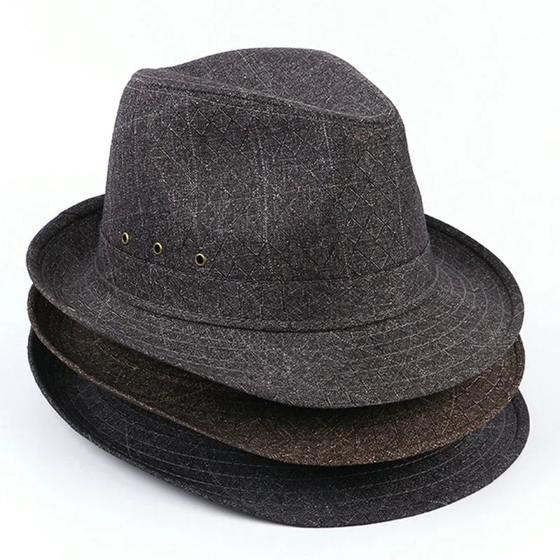 A thickened suit material fedora hat for men on a stand, shown in a dark colour.