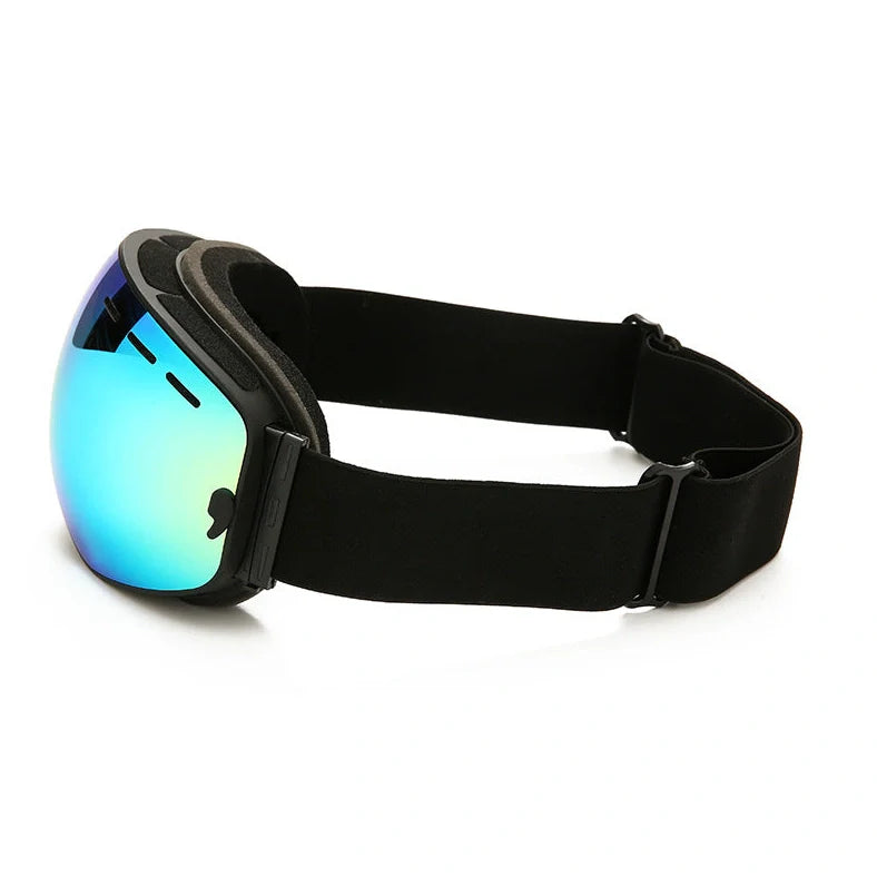 Double-layer TPU ski goggles with coated spherical mirror showing red film option and adjustable strap