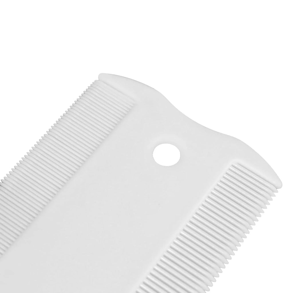 Double-sided plastic flea comb for pets showing dense teeth on one side and standard teeth on the other.
