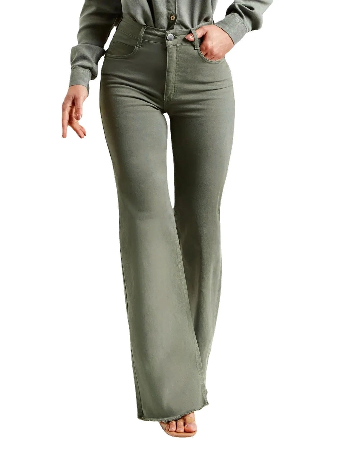 Slim fit stretch denim flared pants in olive green with a mid-waist design and zipper detail
