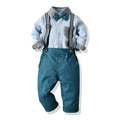Boys' cotton long sleeved shirt and overalls set in dark green plaid pattern