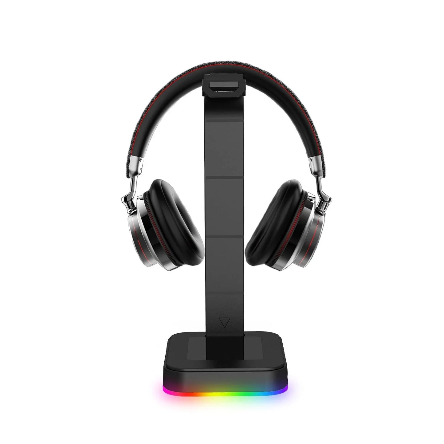 Sleek RGB headphone stand with power strip and charging ports for organized and customizable gaming setup