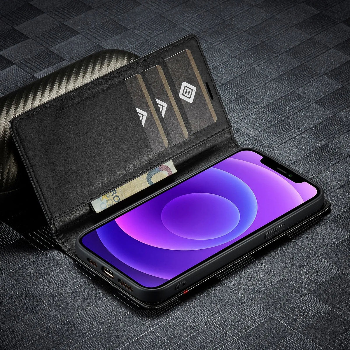 Leather carbon fiber magnetic flip phone case for iPhone 15 in horizontal colour, handmade PU TPU protective cover