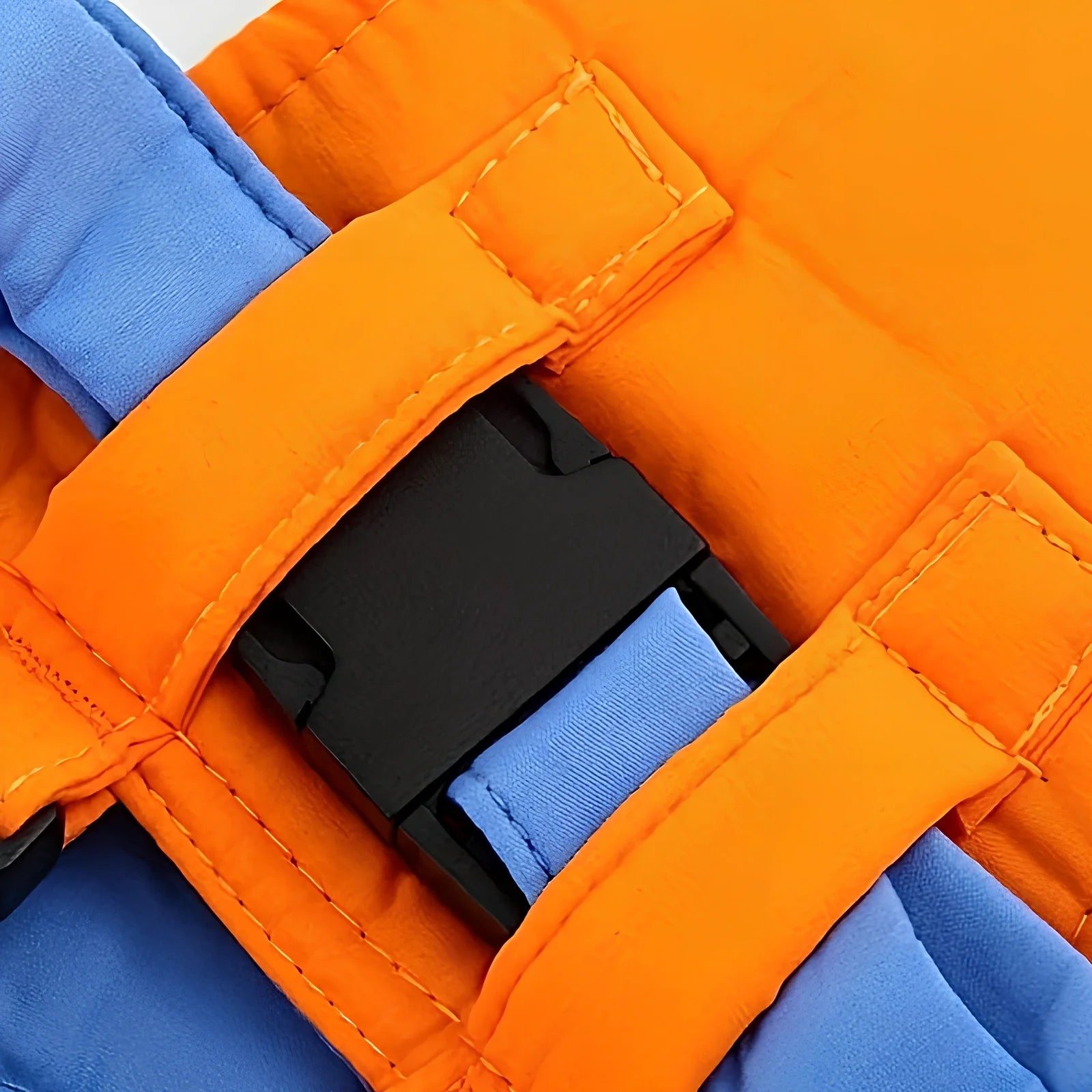 Orange and blue baby walking harness with adjustable strap and plastic safety locks for infants learning to walk