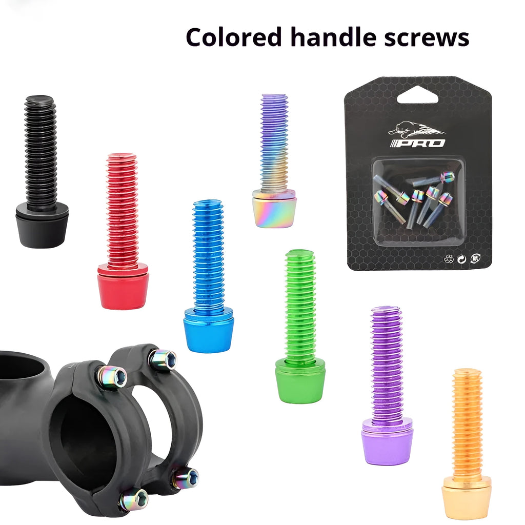 Six stainless steel mountain bike handlebar stem screws in assorted colours on a card.
