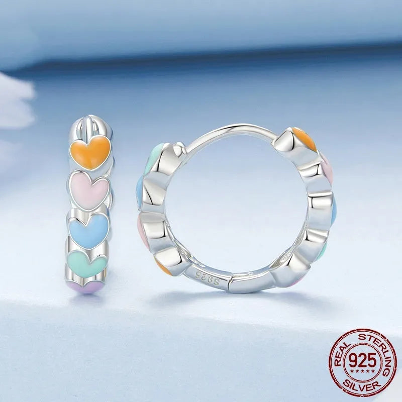 Women's rainbow love S925 sterling silver heart earrings with electroplated finish, colour BSE1167