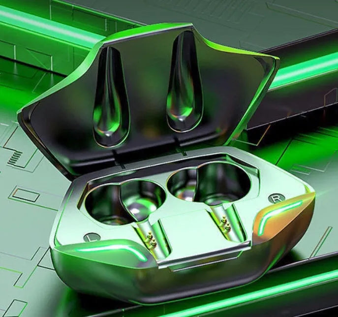 Wireless gaming earbuds with compact charging case in black, shown with interchangeable silicone ear caps.