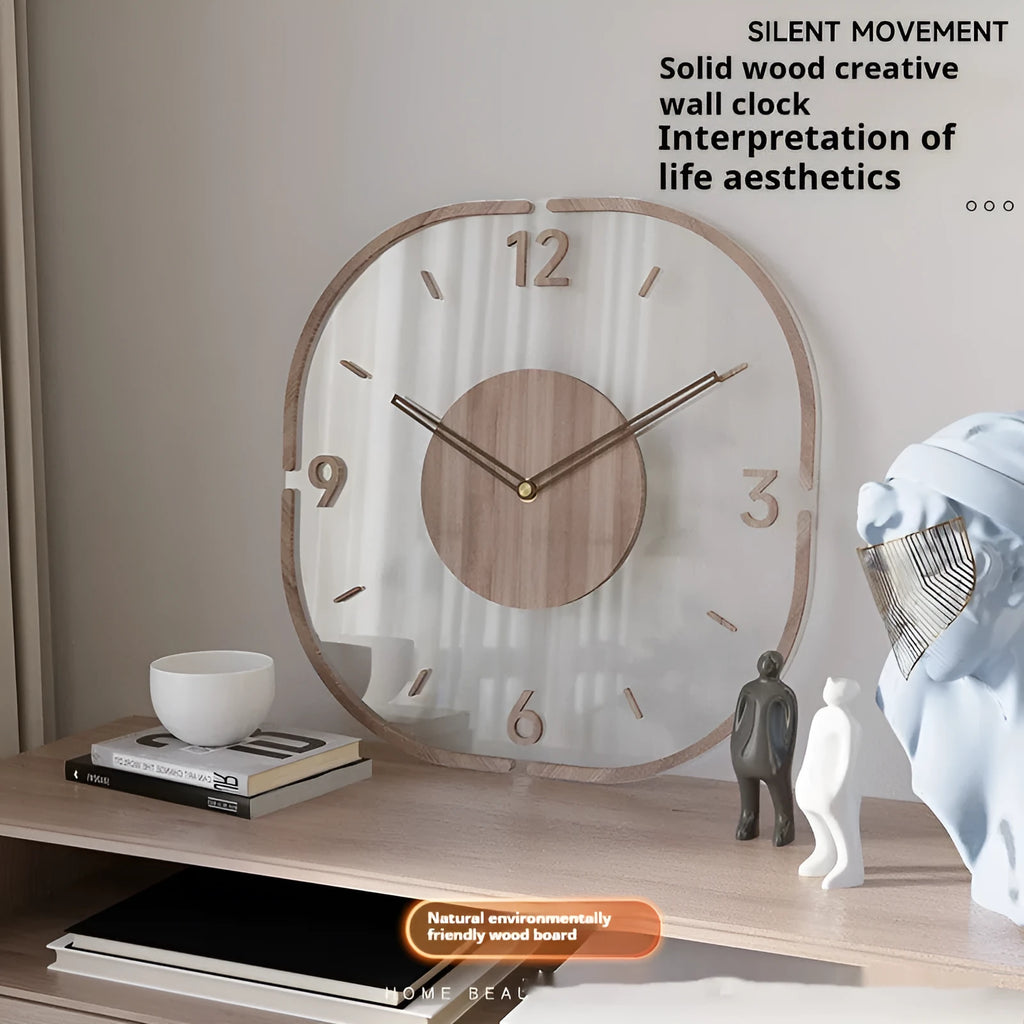 Modern transparent wooden frame wall clock with 35cm square dimensions for living room or office