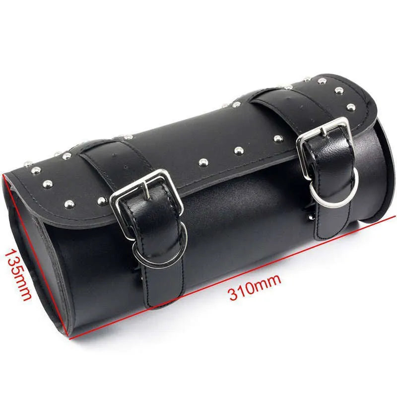 Black PU leather motorcycle side bag with tie ropes, 310x135x135mm, waterproof and wear-resistant