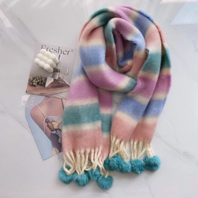 Rainbow Dopamine Mohair Tassel Scarf in vibrant colours, perfect for winter