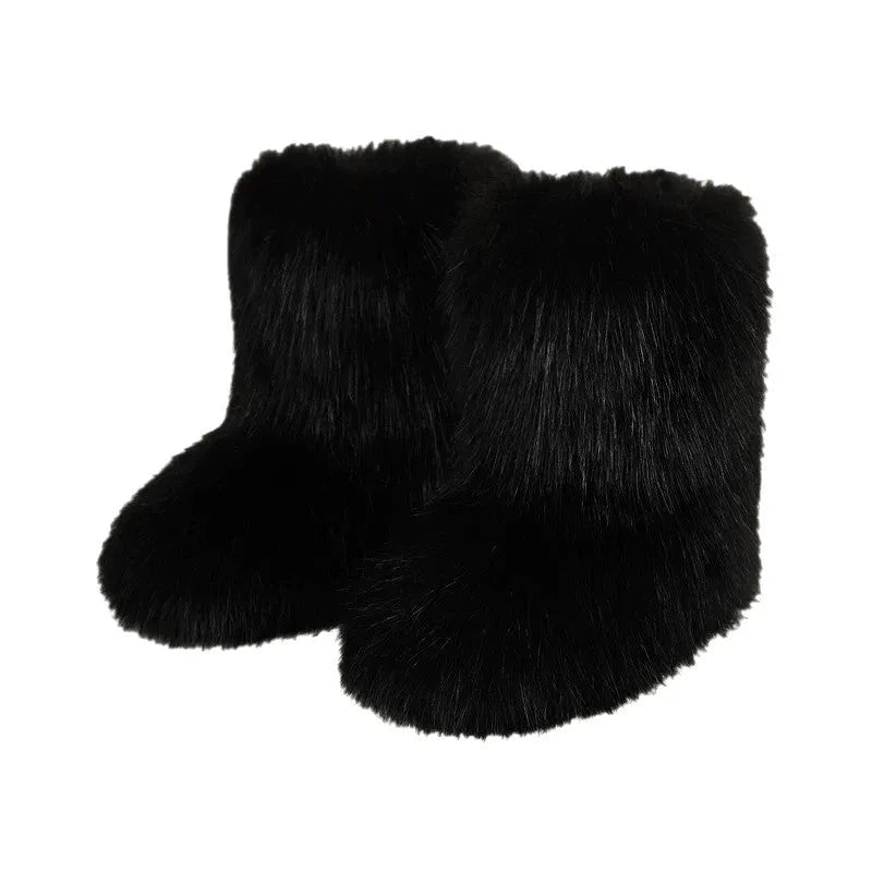 Women's imitation raccoon fur mid-calf boots with flat heel on a neutral background