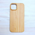 Wooden hard shell phone case for iPhone with natural bamboo finish, back cover detail