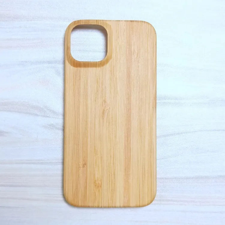 Wooden hard shell phone case for iPhone with natural bamboo finish, back cover detail