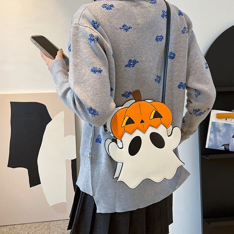 Halloween shoulder bag with 3D cartoon pumpkin ghost design in white