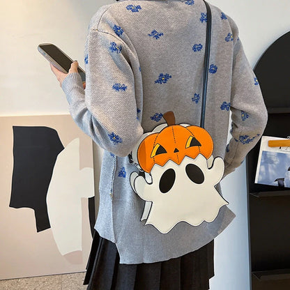 Halloween shoulder bag with 3D cartoon pumpkin ghost design in white