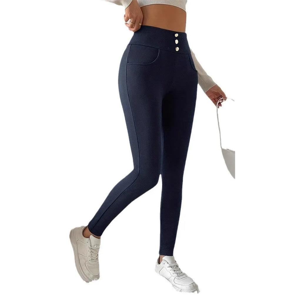 Navy blue women's high-waist slim fit straight leg casual trousers on a hanger.