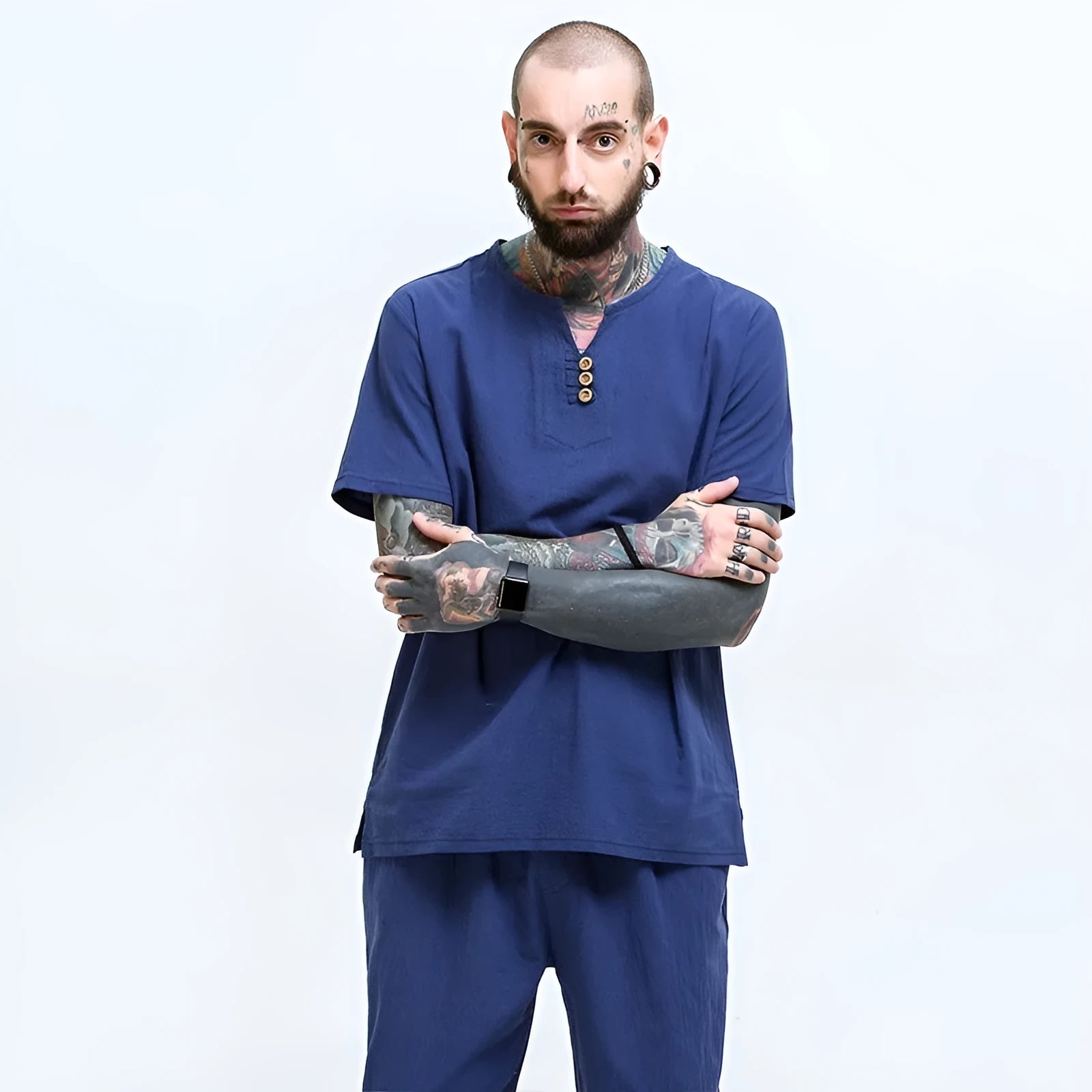 Men's loose cotton t-shirt in apricot colour showing pullover style with short sleeves