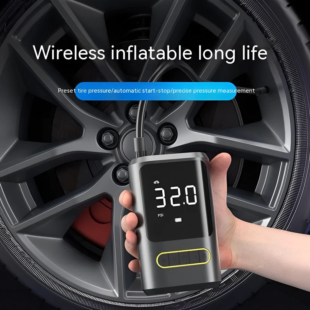 Handheld wireless digital display car tyre inflator with LED light and attached air hose