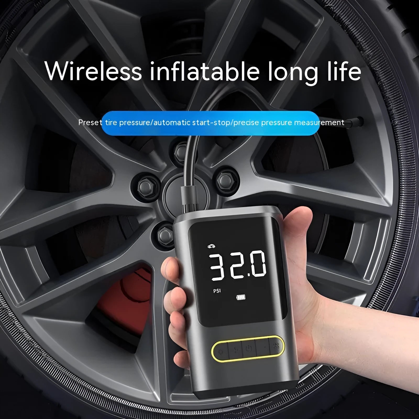 Handheld wireless digital display car tyre inflator with LED light and attached air hose